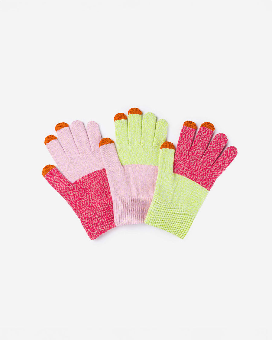 set of three tech gloves with pink, lime, and red marled color blocking