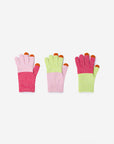 set of three tech gloves with pink, lime, and red marled color blocking