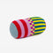 multicolored bolster pillow with various stripes and checkered print