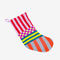 reverse side of multicolored holiday stocking with various stripes and checkered print