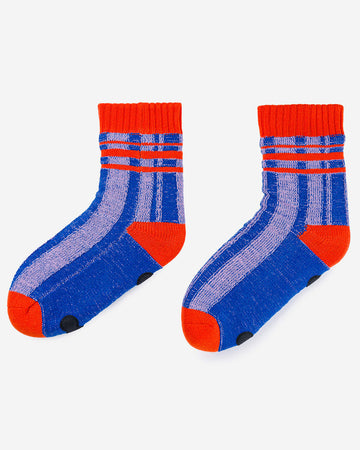 blue and lilac stripe socks with bright red trim