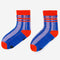 blue and lilac stripe socks with bright red trim