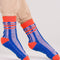 side view of blue and lilac stripe socks with bright red trim