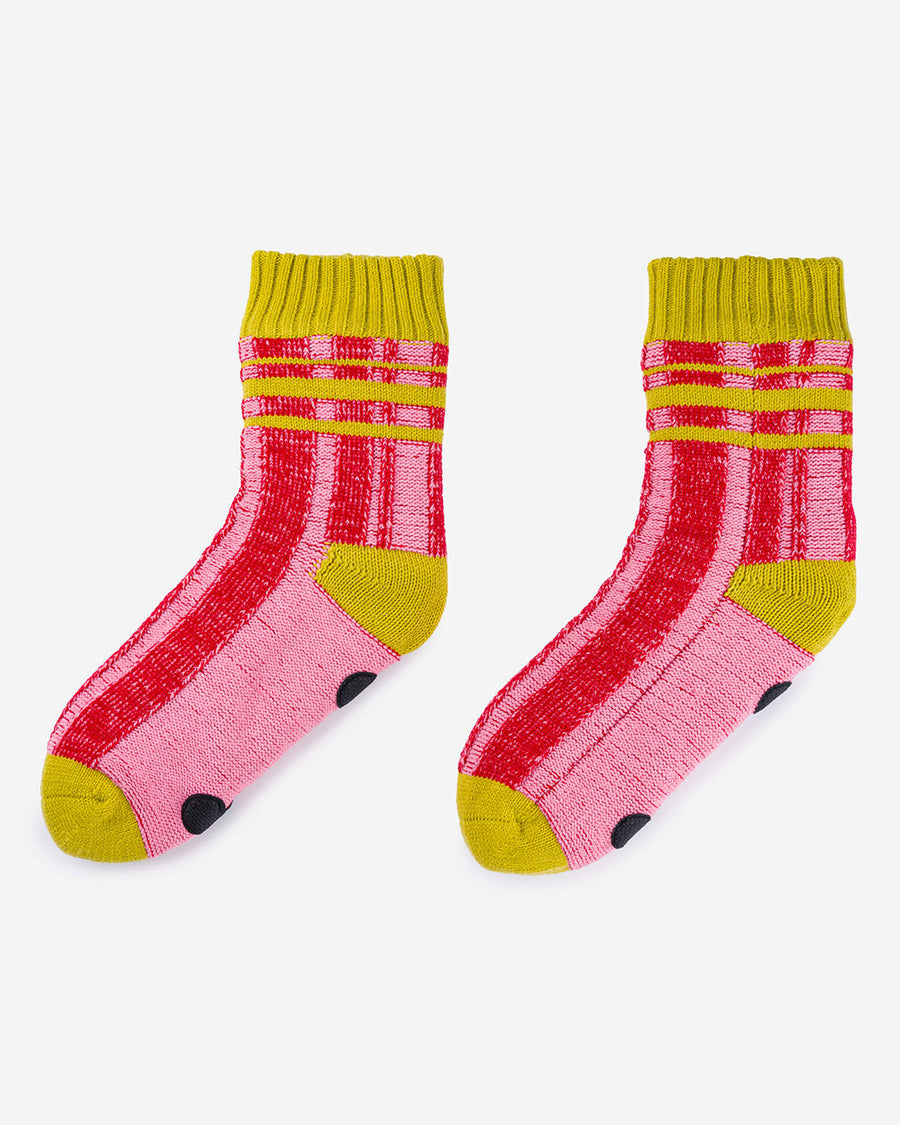 pink and red stripe socks with chartreuse trim