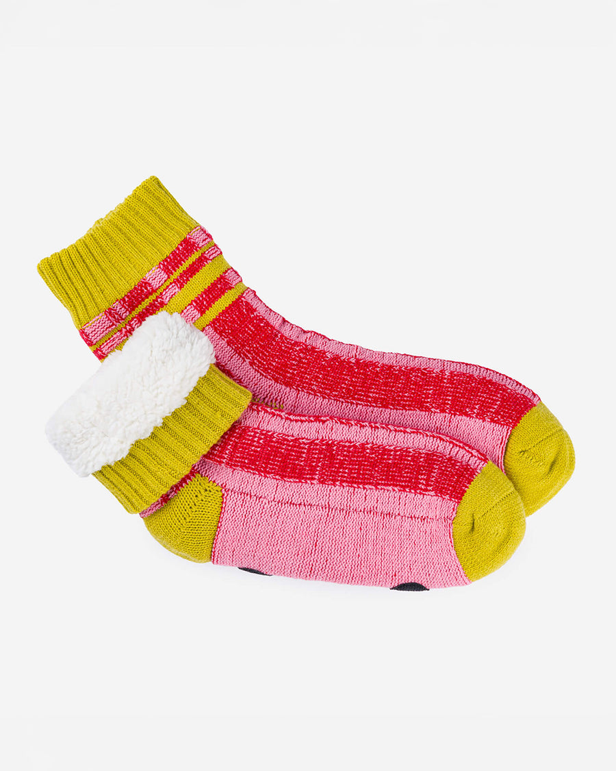 interior fleece of pink and red stripe socks with chartreuse trim