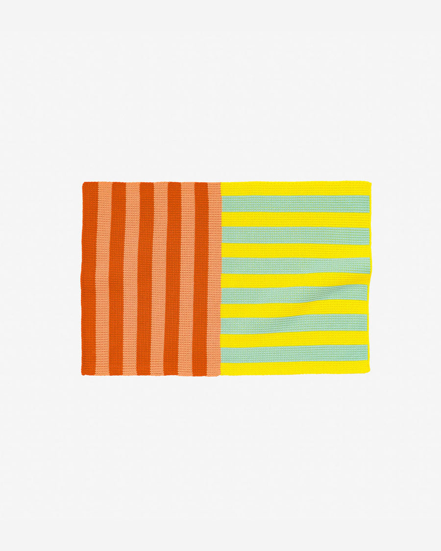 vertical and horizontal stripe mini rug in jade/yellow and burnt orange/peach
