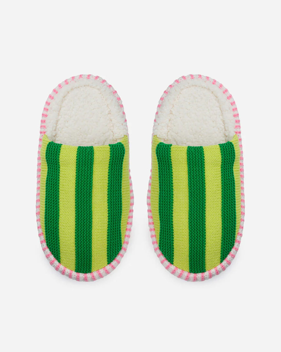 top view of lime green multi striped slide slippers with pink and white sole