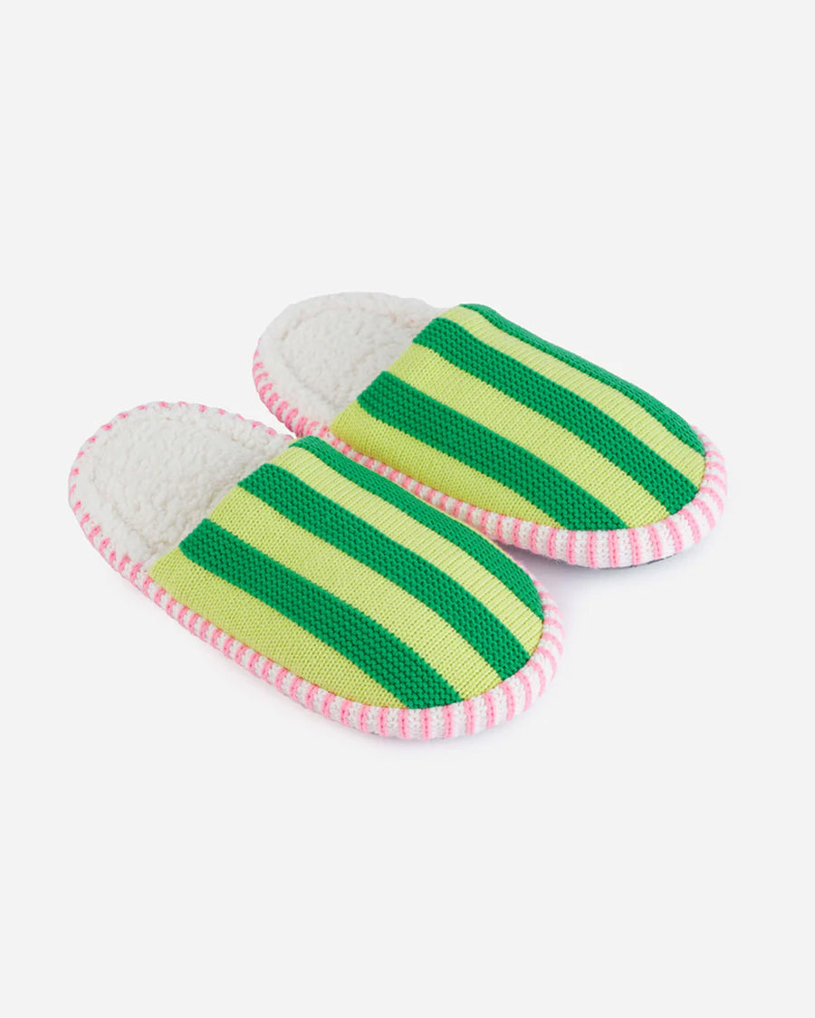 lime green multi striped slide slippers with pink and white sole