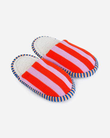 coral and lavender multi striped slide slippers with peach and cobalt soles
