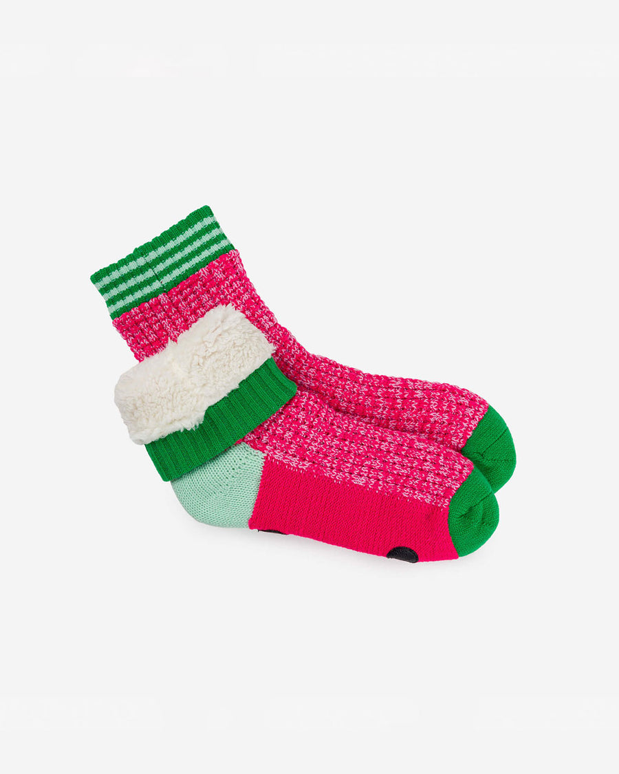 pink and and green colorblock varsity house socks with fuzzy interior