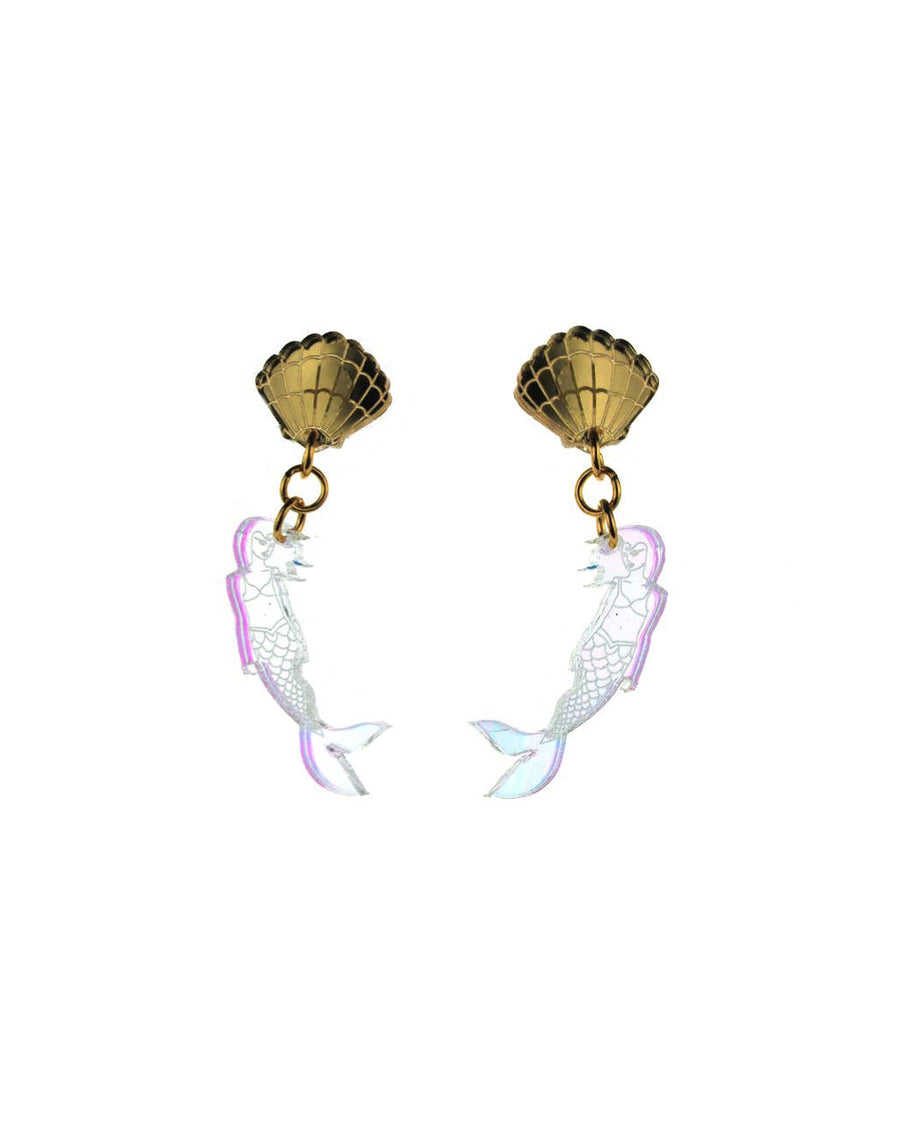gold shell earrings with translucent mermaid dangle