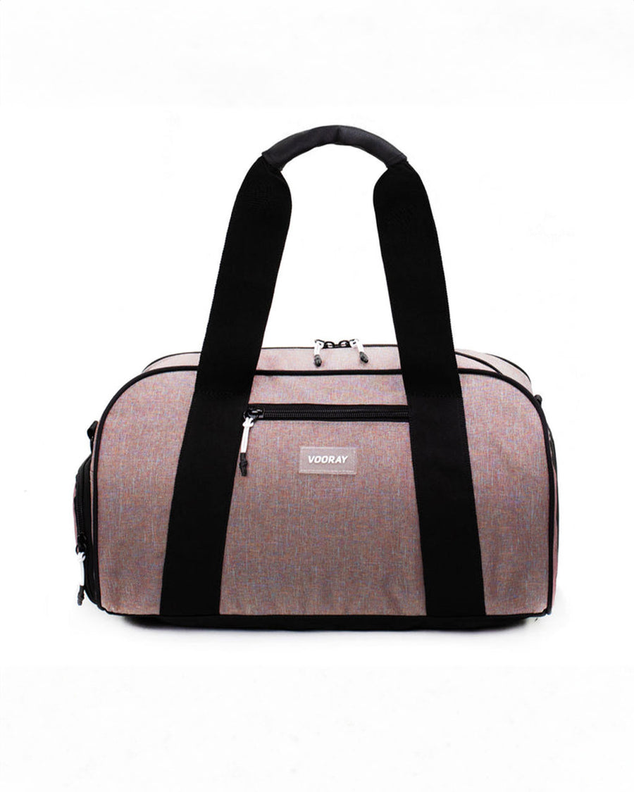 pink gym duffel bag with black trim and straps