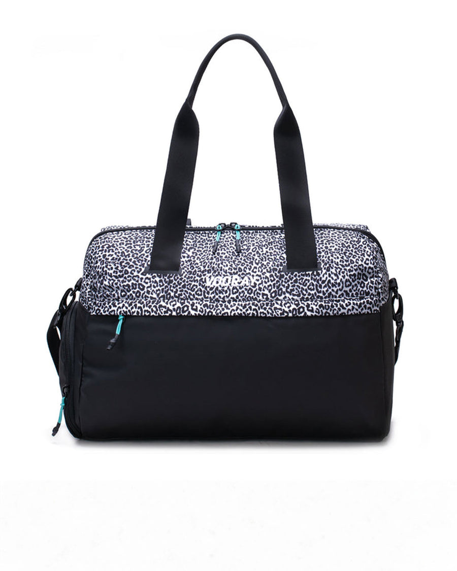 duffle bag with black and white leopard top and black bottom
