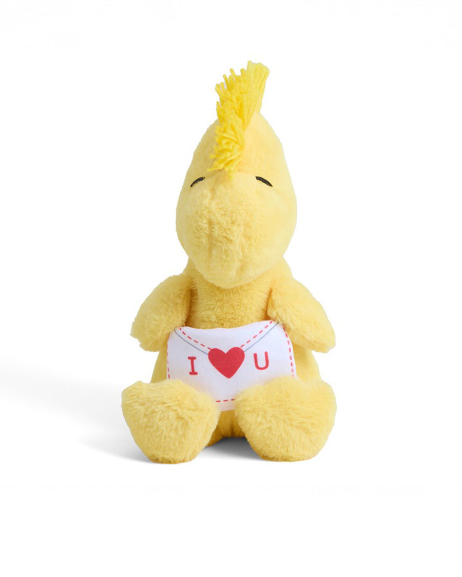 wooodstock heating plush holding a letter that says 'I <3 U/
