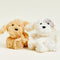 separated brown dog and white + grey dog hugging warmie plushes