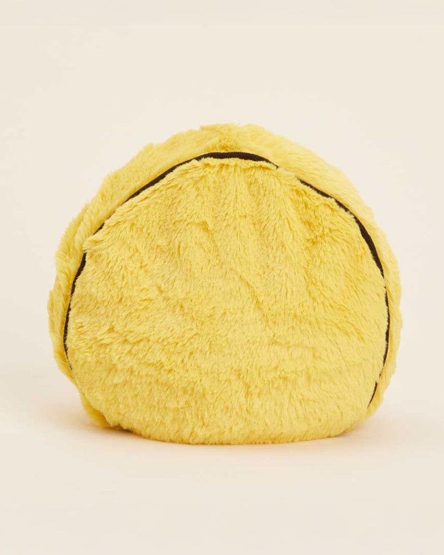back view of yellow smiley face heating plush