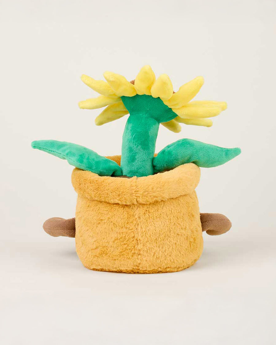 back view of smiley potted sunflower warmies heating plush