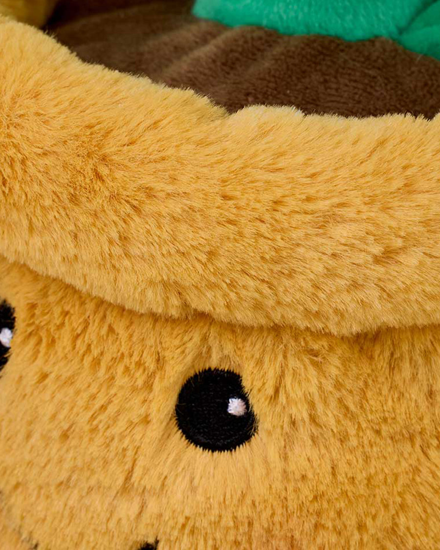 up close of smiley potted sunflower warmies heating plush