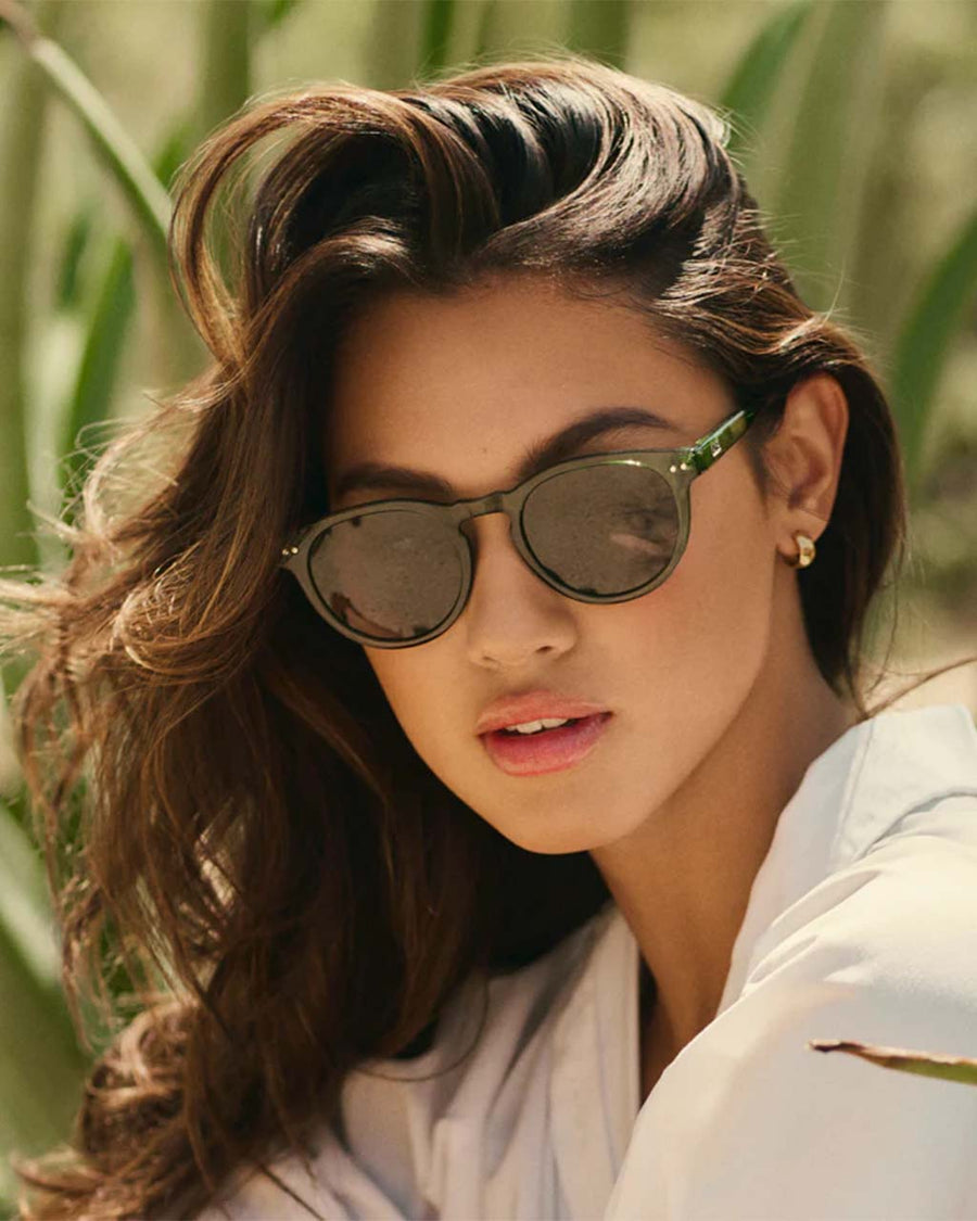 model wearing crystal green round sunglasses