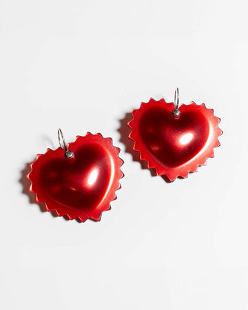 red metallic heart shaped ravioli dangle earrings