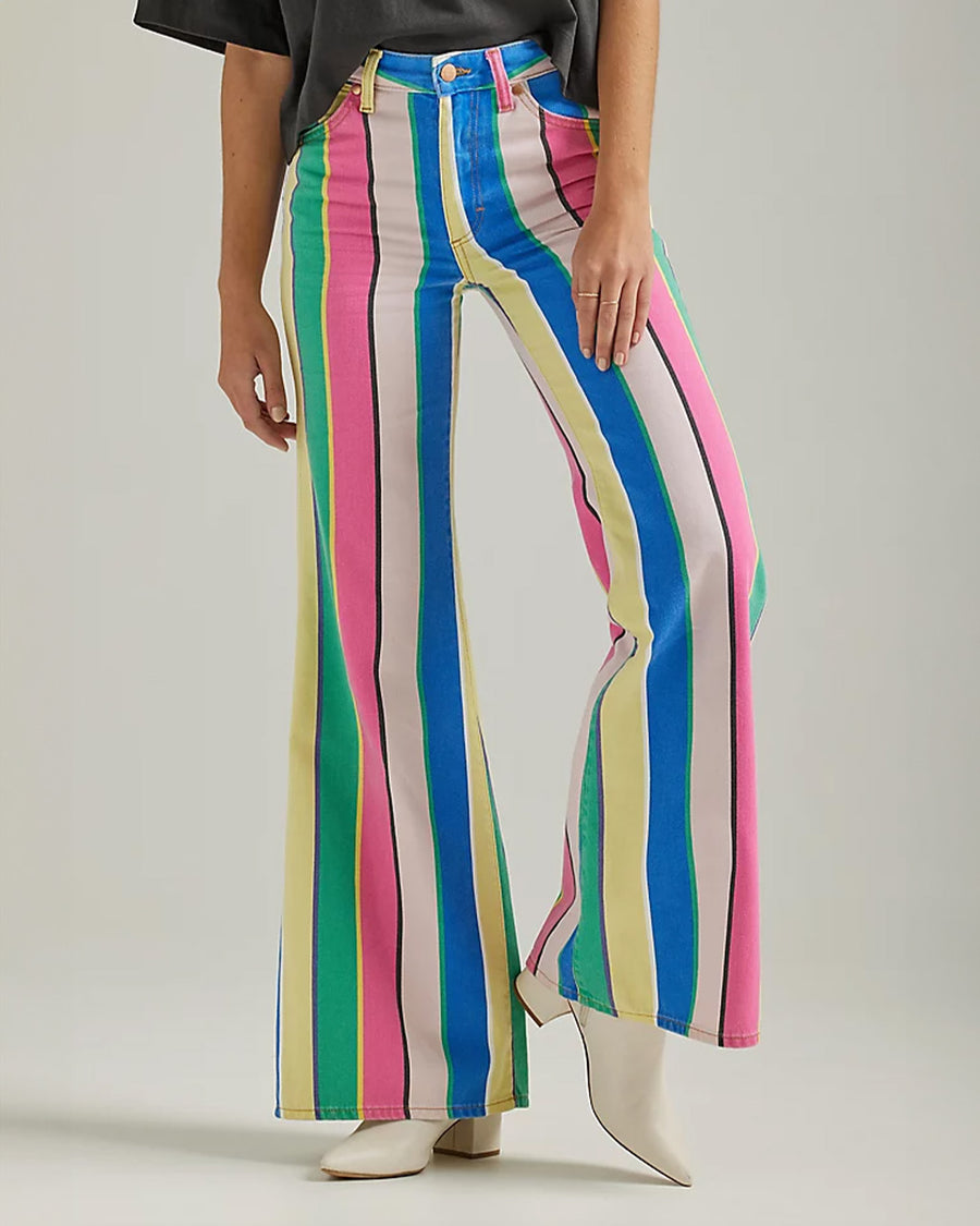 front view of model wearing multicolor vertical stripe flared pants