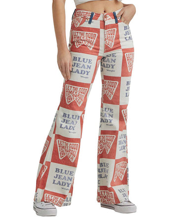 model wearing red and white square denim with 'let the good times roll' and 'blue jean lady' in the squares