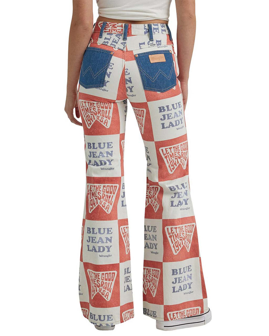 back view of model wearing red and white square denim with 'let the good times roll' and 'blue jean lady' in the squares