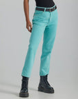 model wearing aqua high rise straight leg denim