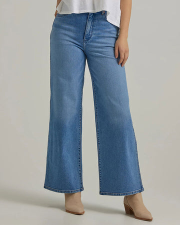 model wearing light blue wide leg jeans