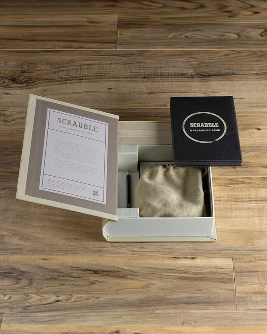 packaged vintage scrabble game with bookshelf cover