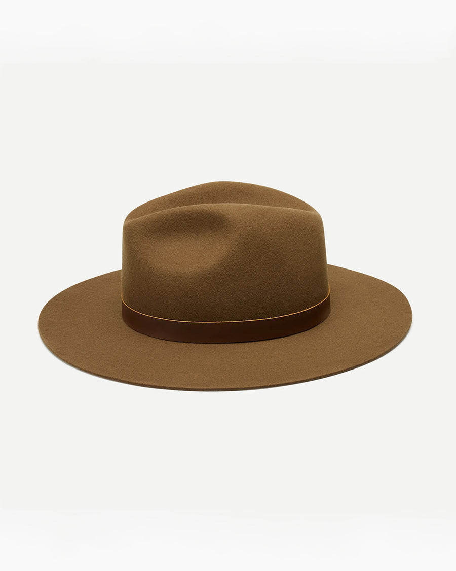 side view of olive brown wide brim hat with brown trim