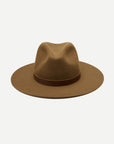 front view of olive brown wide brim hat with brown trim