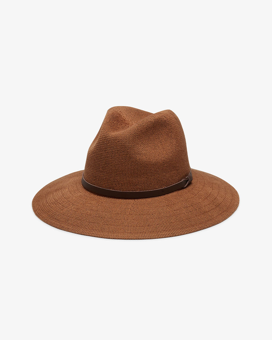 brown hat with dark brown trim strap