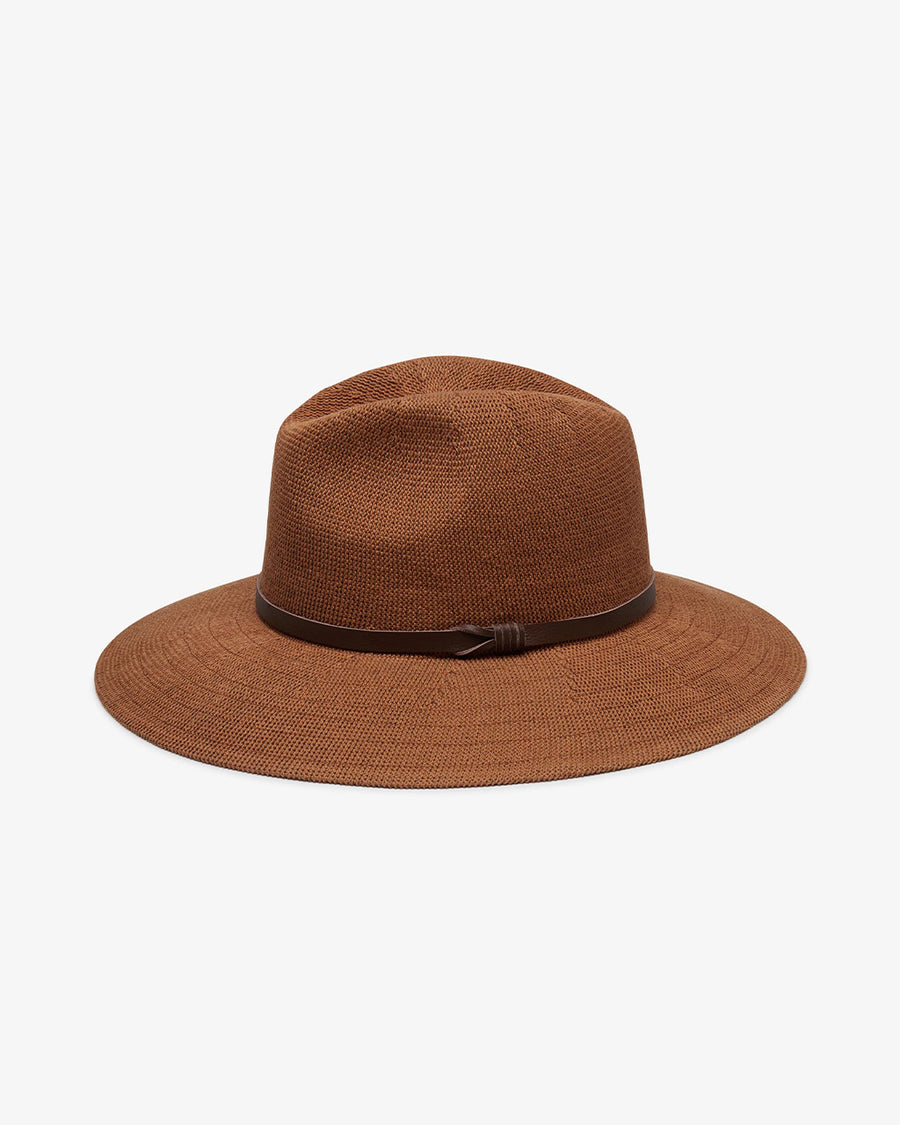 sideview of brown hat with dark brown trim strap