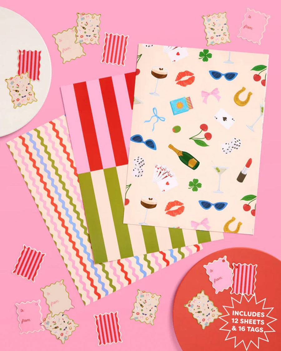flattened wrapping paper set with 16 double sided tags; 8 with stripes + 8 with all over icons
