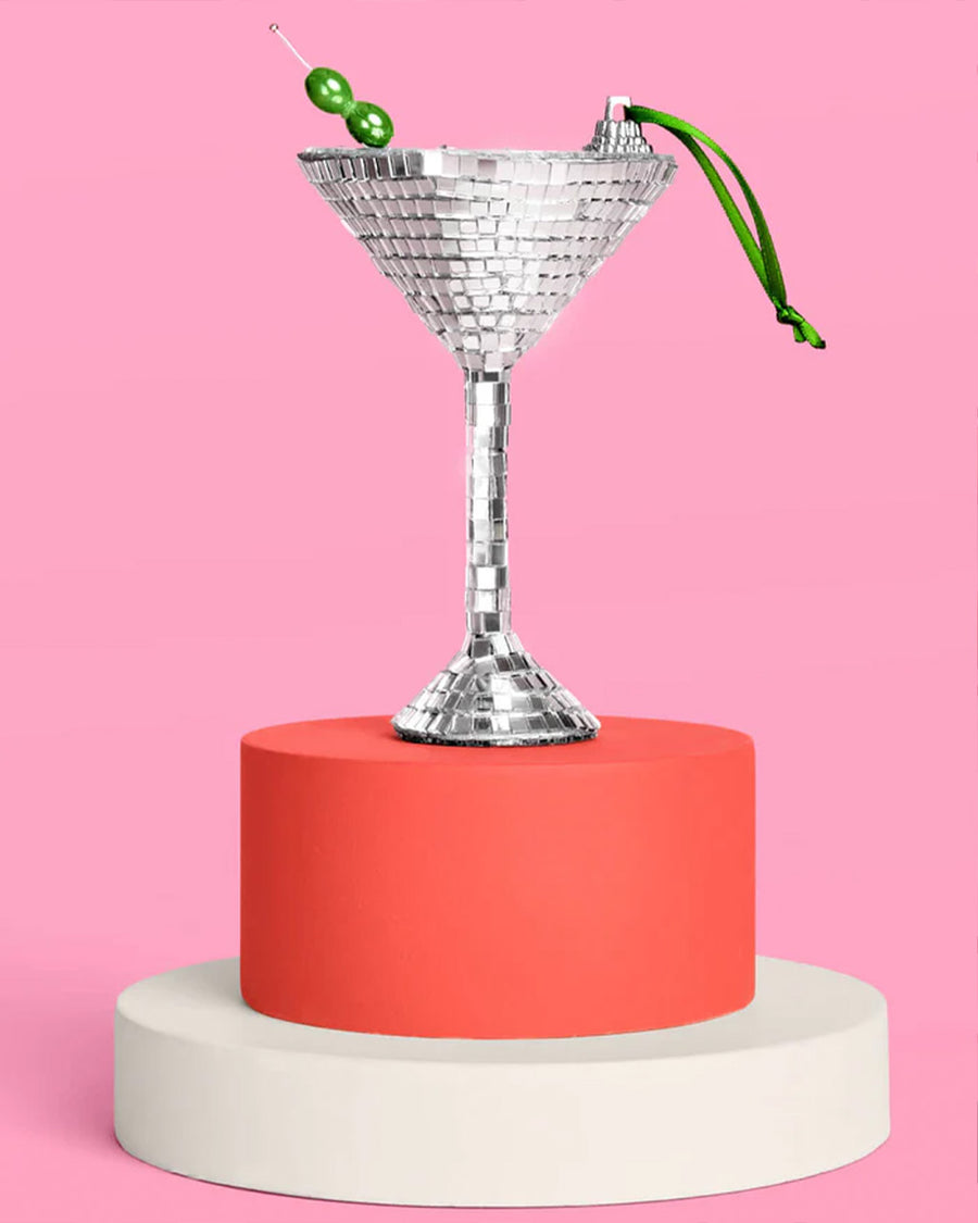 disco martini glass shaped ornament with olive bead stirrer