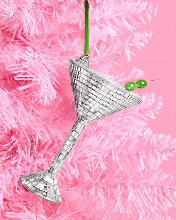 disco martini glass shaped ornament with olive bead stirrer