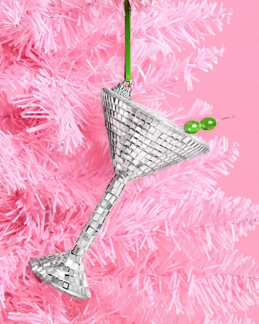 disco martini glass shaped ornament with olive bead stirrer