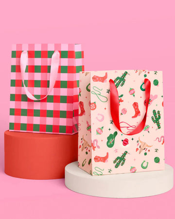 set of 6 (2 of each) gift bags: pink, green and red plaid and cream with holiday western print