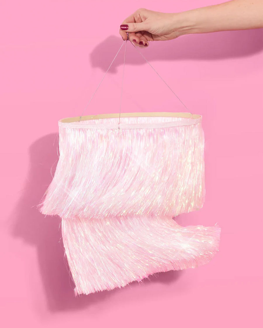 model shaking iridescent shimmery fringe double tiered chandelier