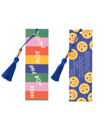 set of two bookmarks: rainbow 'here for the plot twist, and blue smiley 'in my happy place' with matching tassels