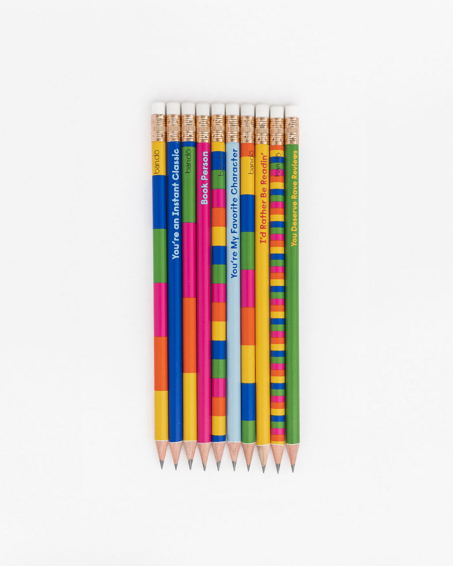 set of colorful pre-sharpened wood pencils with various book compliments on them