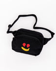 black fanny pack with strawberry eyes and banana smiley design