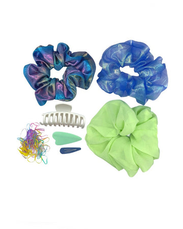 hair pack with 3 scrunchies: purple/blue holo, blue holo, and lime green, white hair claw, two hair clips and pile of elastics