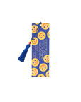 blue bookmark with blue ground and 'in my happy place' with all over smiley print and blue tassel