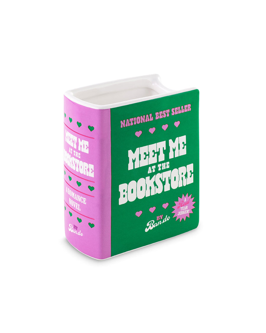 green and pink book ceramic vase: meet me at the bookstore by ban.do