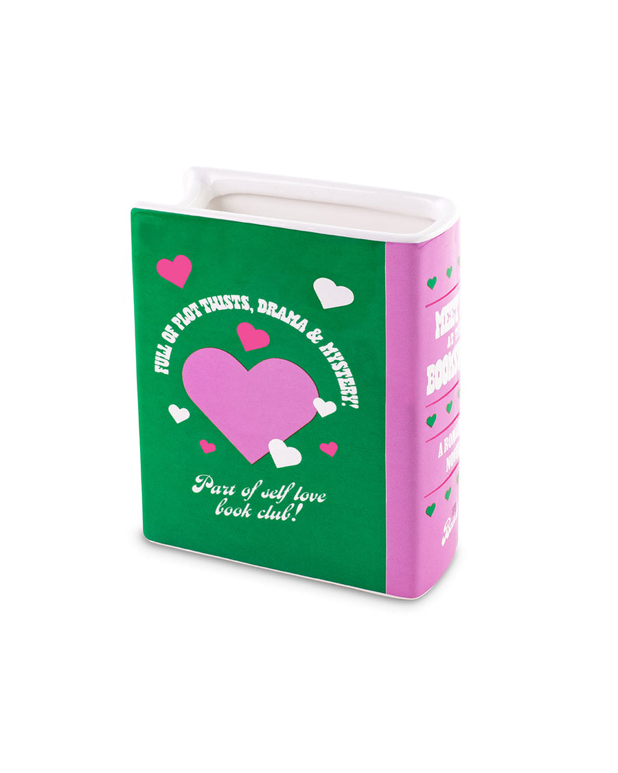 green and pink book ceramic vase. full of plot twist, drama & mystery! part of self love book club