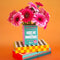 green and pink book ceramic vase: meet me at the bookstore by ban.do with pink flowers inside