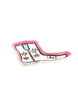 top view of pink trinket tray with white and blue boot with star details