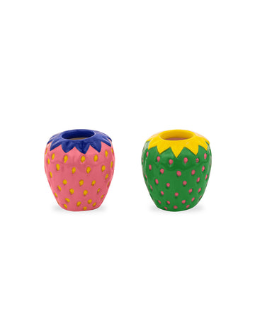 set of two strawberry shaped candle holders: pink/blue and green/yellow